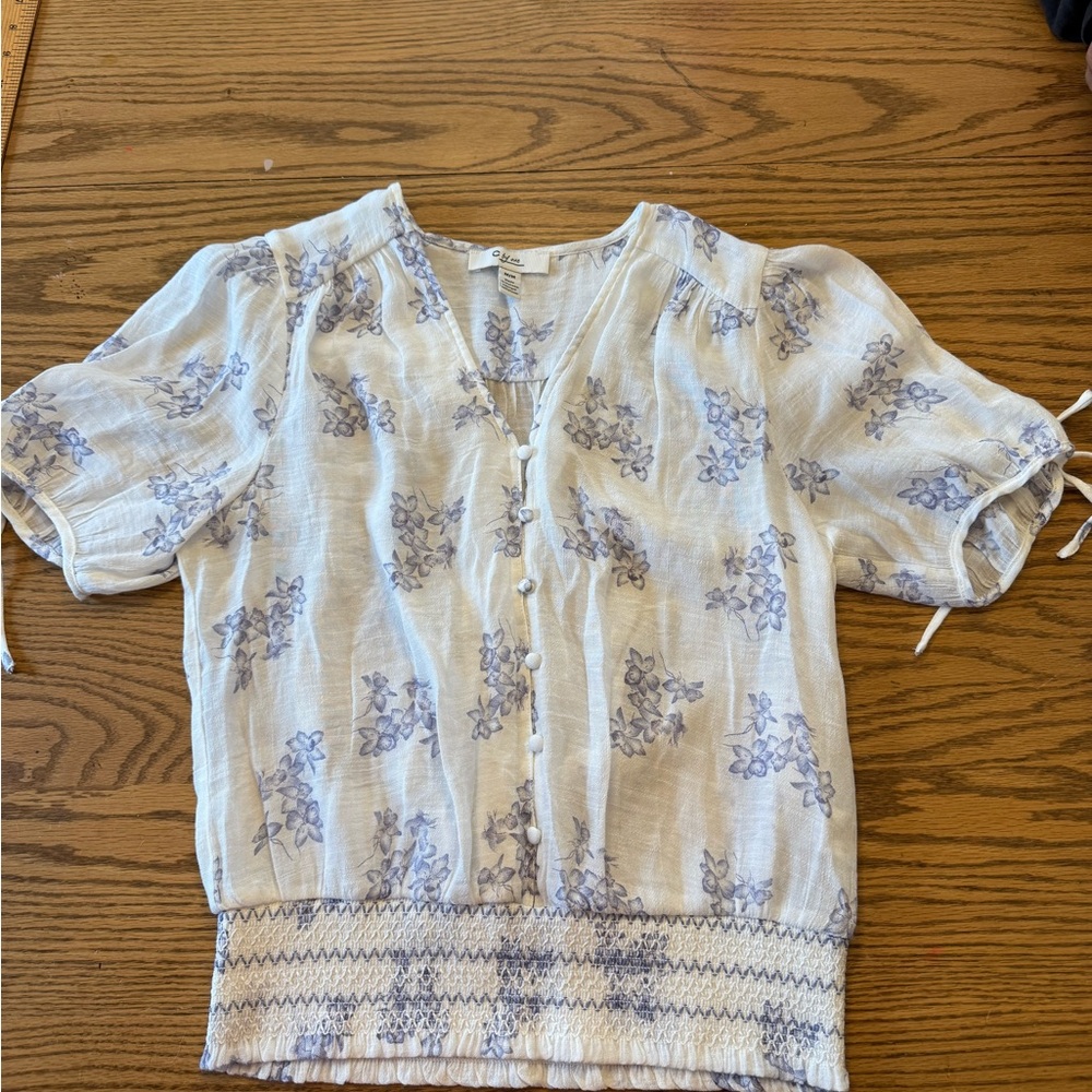 C White and Blue Floral Blouse